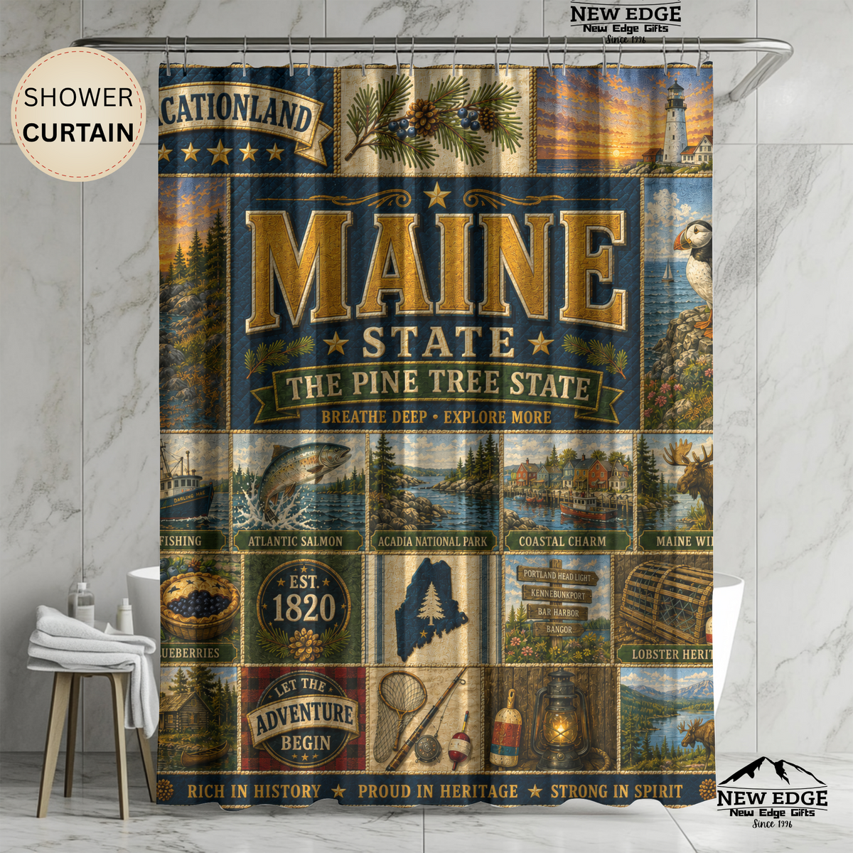 Maine Shower Curtain, Vacationland Coastal Decor, Pine Tree State Faux Patchwork, New England Bathroom Decor