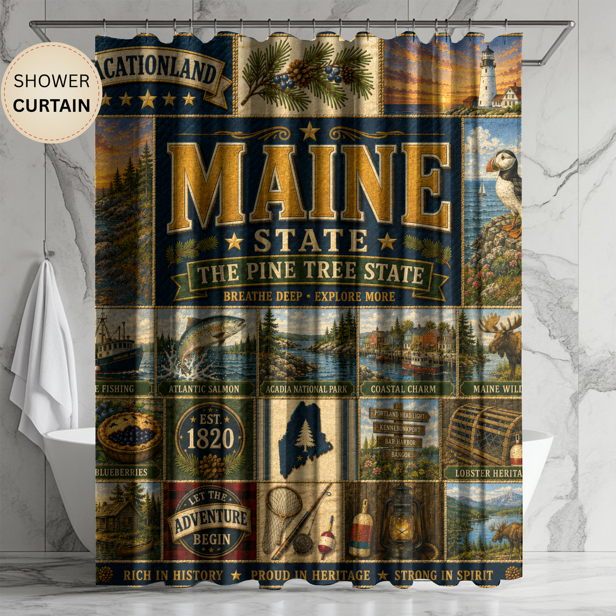 Maine Shower Curtain, Vacationland Coastal Decor, Pine Tree State Faux Patchwork, New England Bathroom Decor