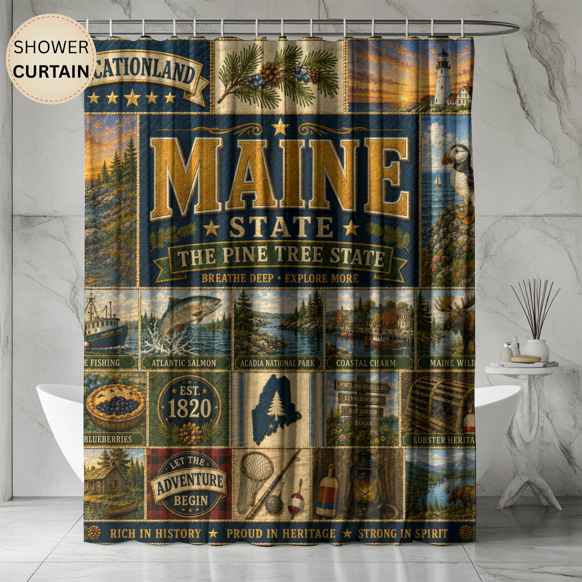 Maine Shower Curtain, Vacationland Coastal Decor, Pine Tree State Faux Patchwork, New England Bathroom Decor
