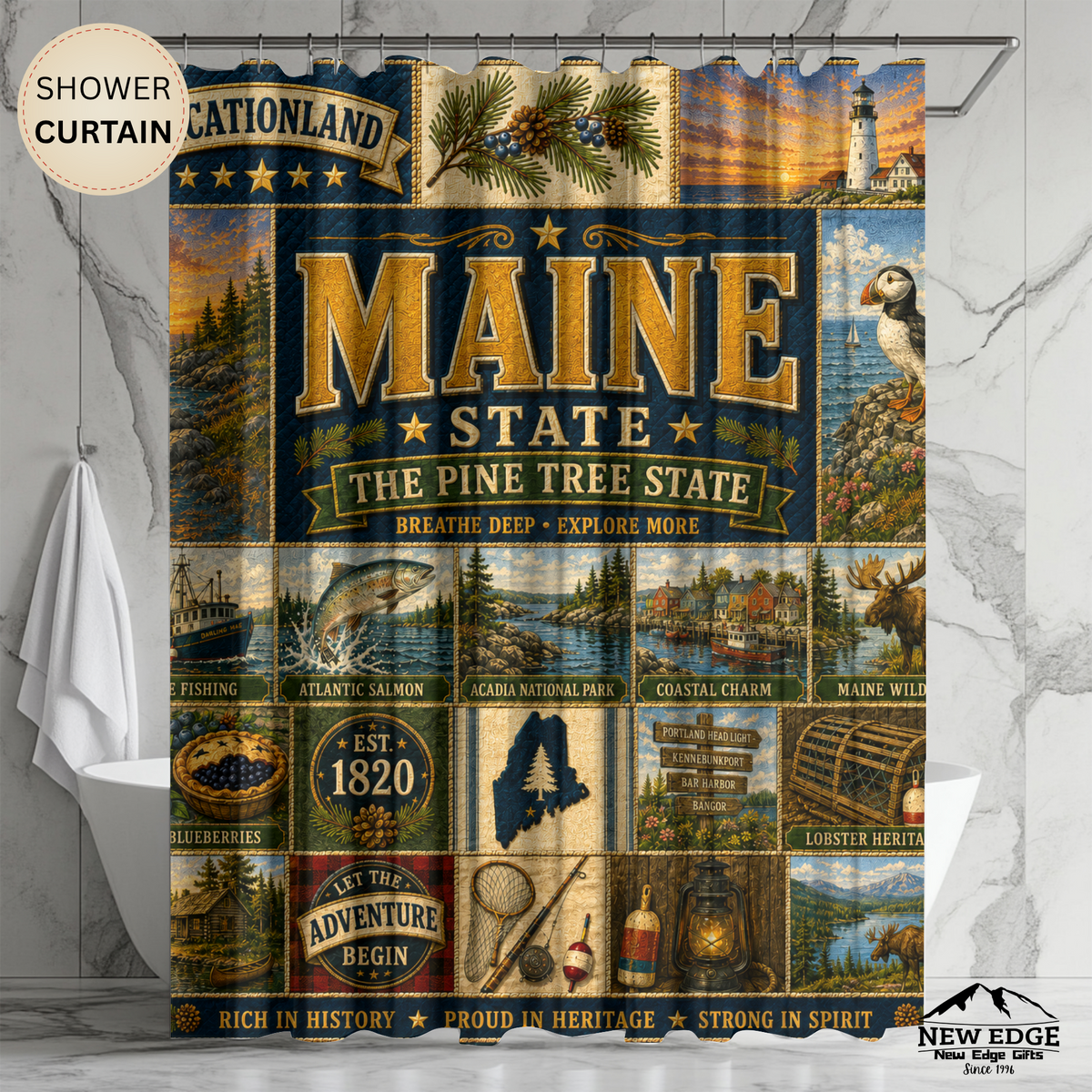 Maine Shower Curtain, Vacationland Coastal Decor, Pine Tree State Faux Patchwork, New England Bathroom Decor