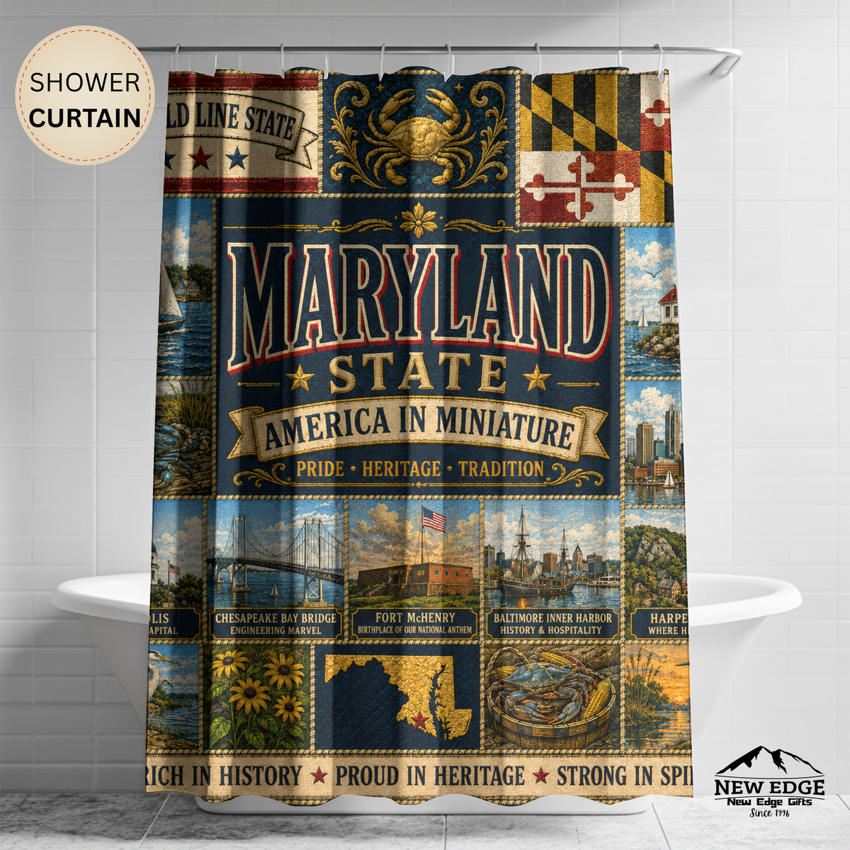 Maryland Shower Curtain, Chesapeake Bay Decor, Old Line State Faux Patchwork, Coastal Landmark Bathroom Decor