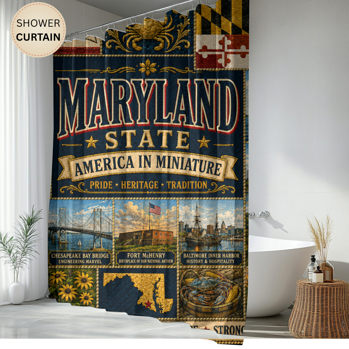 Maryland Shower Curtain, Chesapeake Bay Decor, Old Line State Faux Patchwork, Coastal Landmark Bathroom Decor
