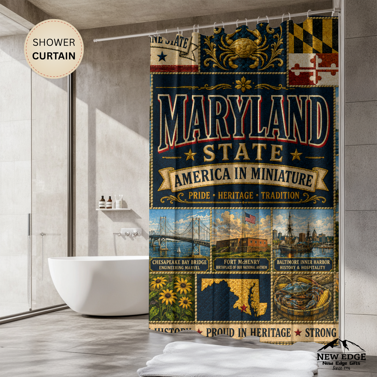 Maryland Shower Curtain, Chesapeake Bay Decor, Old Line State Faux Patchwork, Coastal Landmark Bathroom Decor