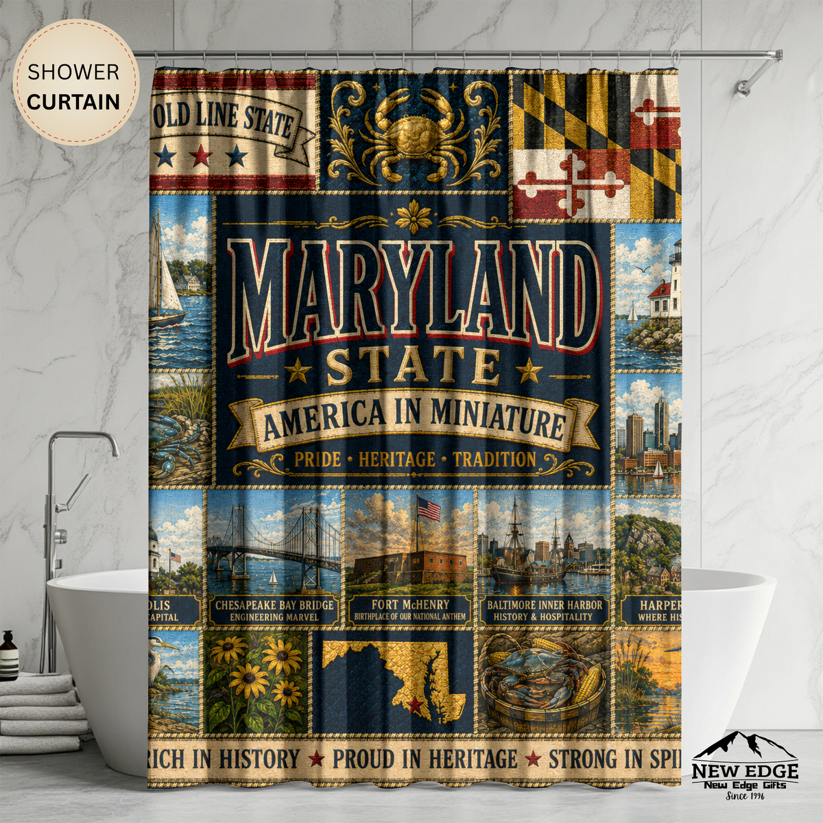 Maryland Shower Curtain, Chesapeake Bay Decor, Old Line State Faux Patchwork, Coastal Landmark Bathroom Decor