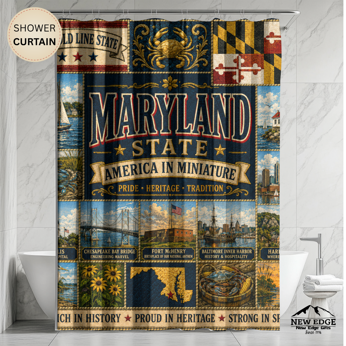 Maryland Shower Curtain, Chesapeake Bay Decor, Old Line State Faux Patchwork, Coastal Landmark Bathroom Decor