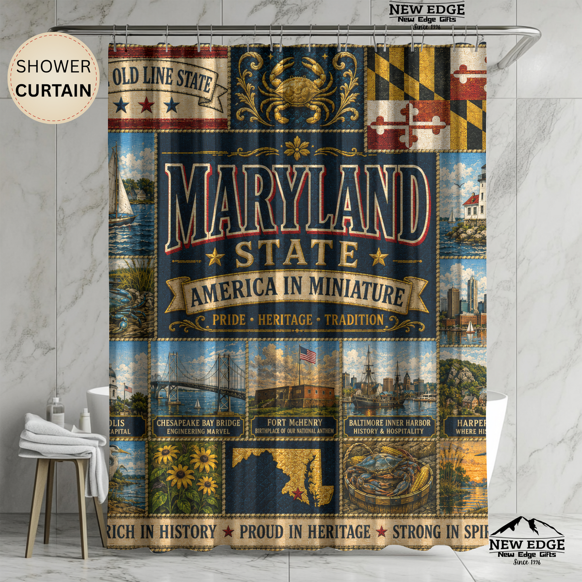 Maryland Shower Curtain, Chesapeake Bay Decor, Old Line State Faux Patchwork, Coastal Landmark Bathroom Decor