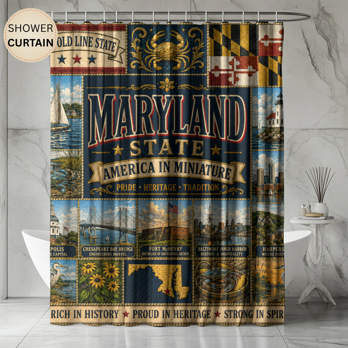 Maryland Shower Curtain, Chesapeake Bay Decor, Old Line State Faux Patchwork, Coastal Landmark Bathroom Decor