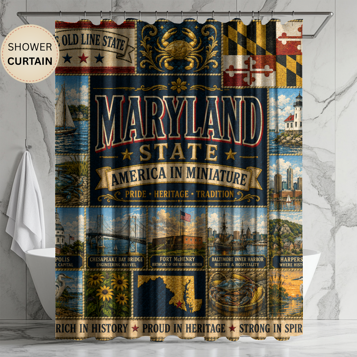 Maryland Shower Curtain, Chesapeake Bay Decor, Old Line State Faux Patchwork, Coastal Landmark Bathroom Decor