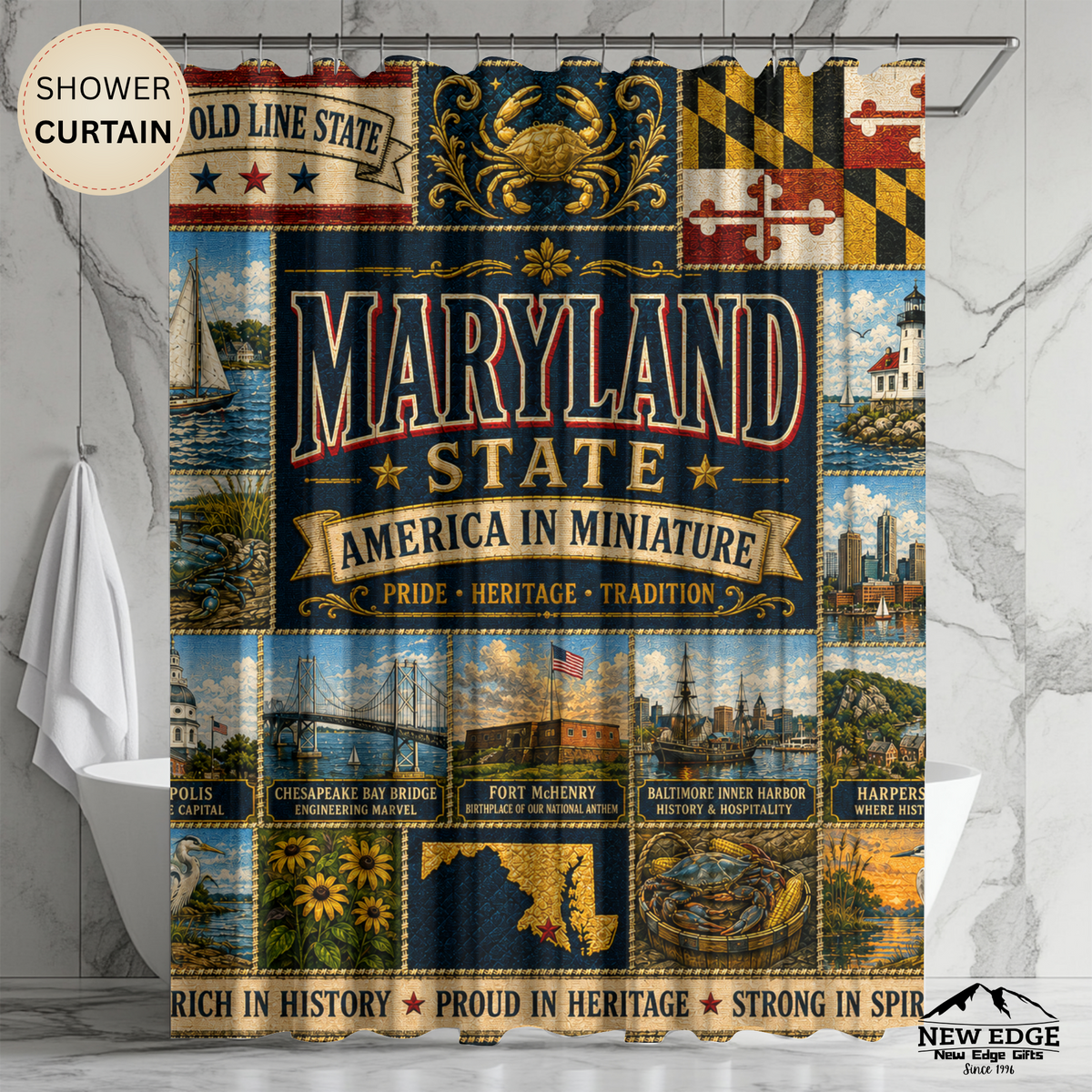 Maryland Shower Curtain, Chesapeake Bay Decor, Old Line State Faux Patchwork, Coastal Landmark Bathroom Decor