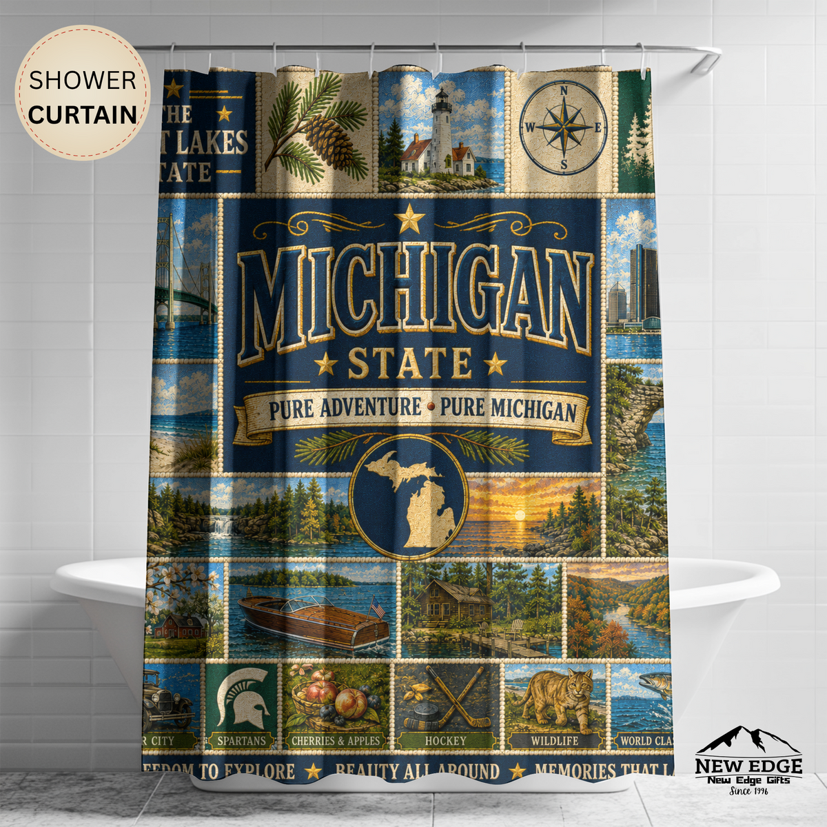 Michigan Shower Curtain, Great Lakes State Decor, Scenic Lake Life Faux Patchwork, Michigan Landmark Bathroom Decor