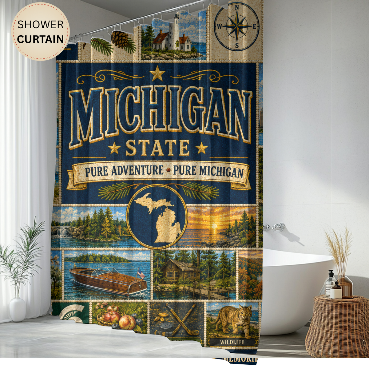 Michigan Shower Curtain, Great Lakes State Decor, Scenic Lake Life Faux Patchwork, Michigan Landmark Bathroom Decor