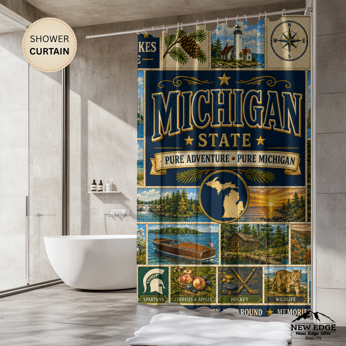 Michigan Shower Curtain, Great Lakes State Decor, Scenic Lake Life Faux Patchwork, Michigan Landmark Bathroom Decor