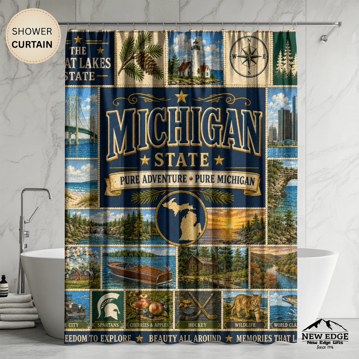 Michigan Shower Curtain, Great Lakes State Decor, Scenic Lake Life Faux Patchwork, Michigan Landmark Bathroom Decor