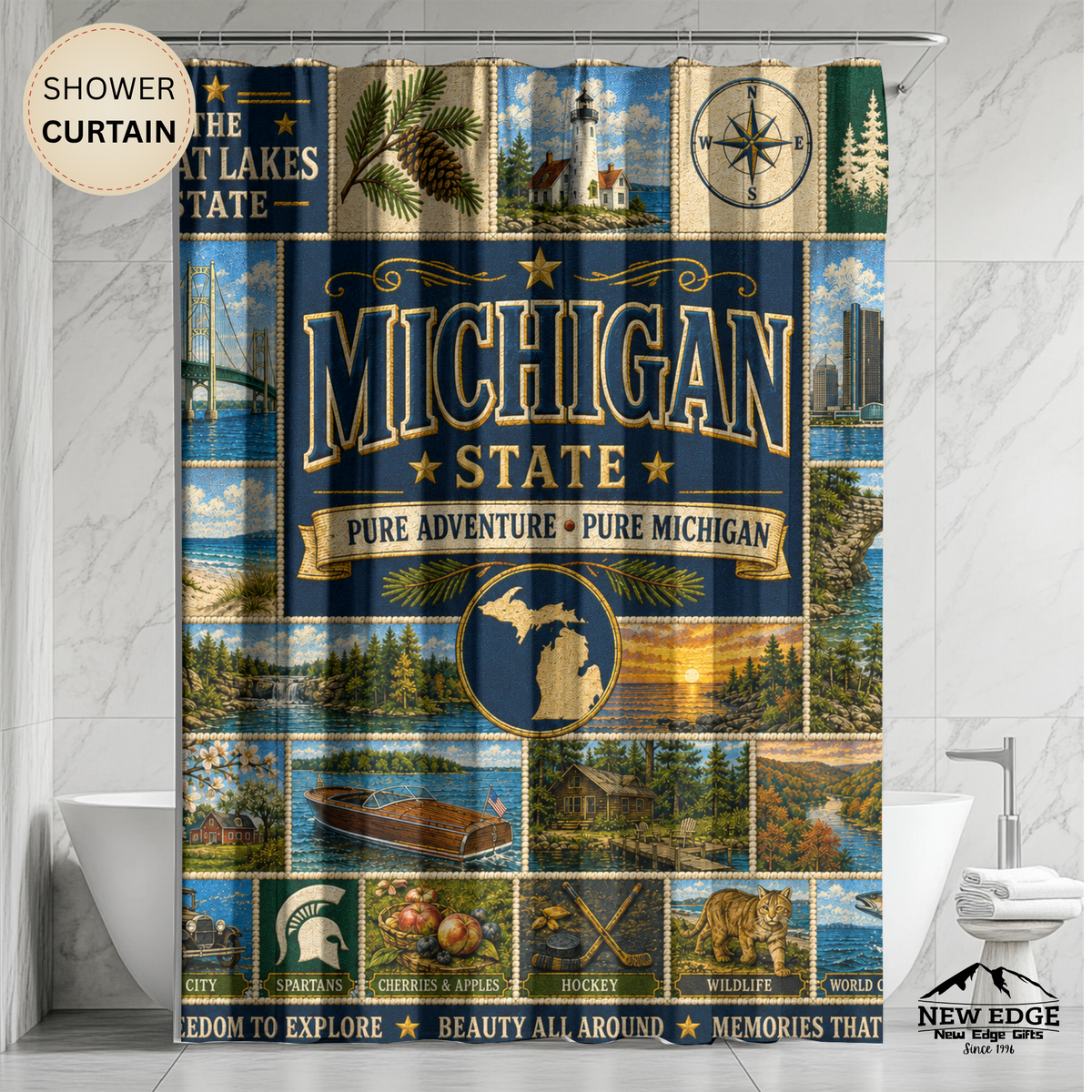 Michigan Shower Curtain, Great Lakes State Decor, Scenic Lake Life Faux Patchwork, Michigan Landmark Bathroom Decor