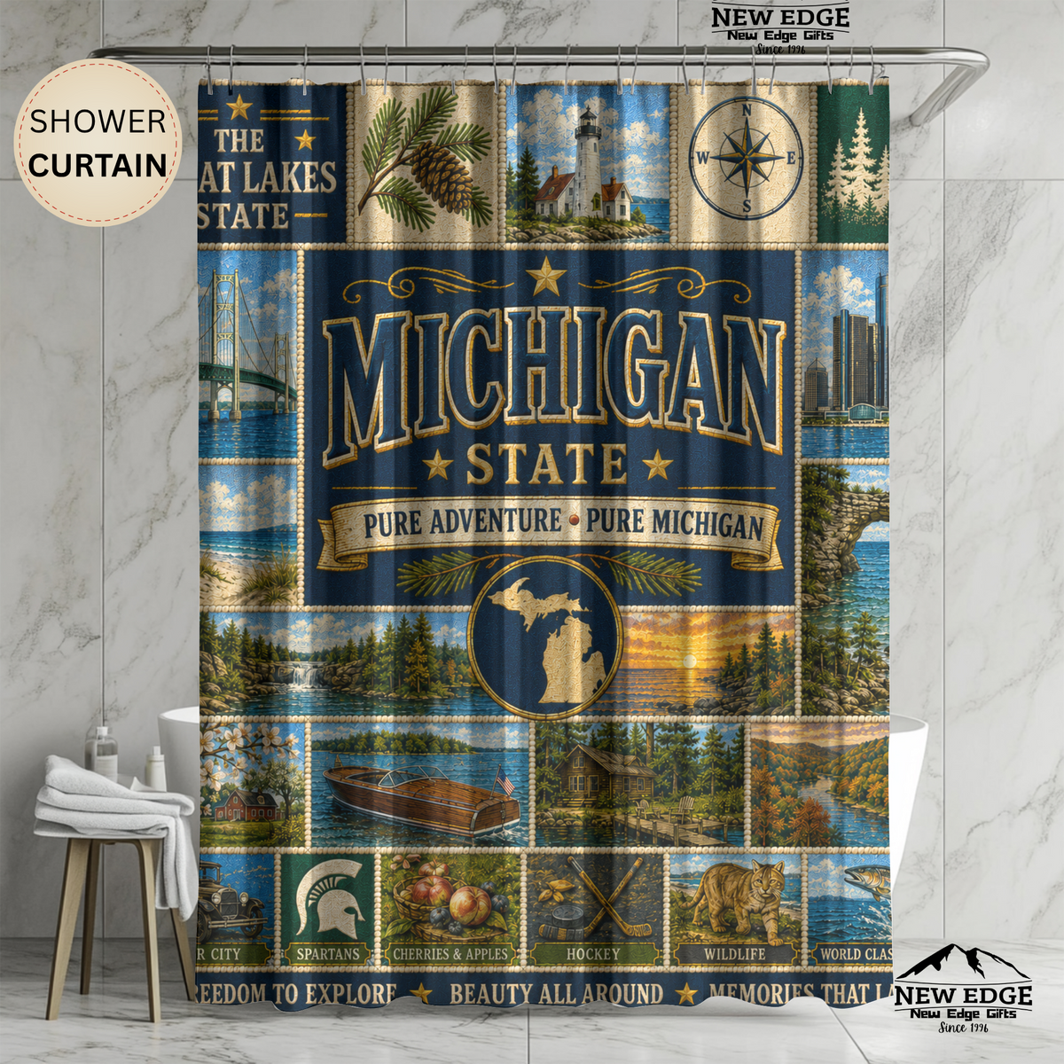 Michigan Shower Curtain, Great Lakes State Decor, Scenic Lake Life Faux Patchwork, Michigan Landmark Bathroom Decor