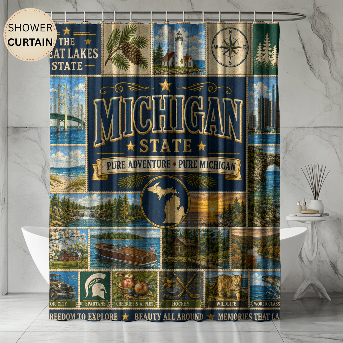 Michigan Shower Curtain, Great Lakes State Decor, Scenic Lake Life Faux Patchwork, Michigan Landmark Bathroom Decor
