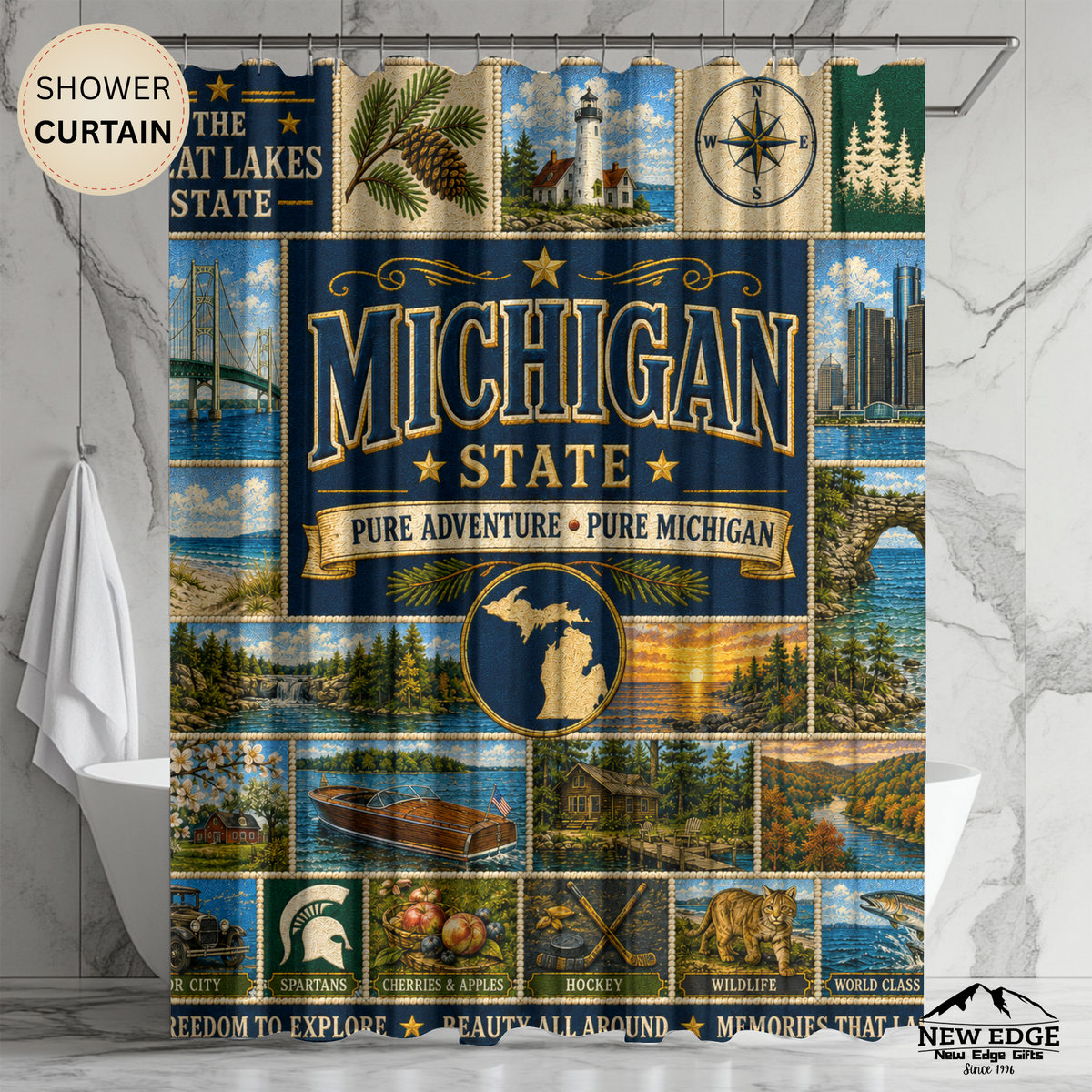 Michigan Shower Curtain, Great Lakes State Decor, Scenic Lake Life Faux Patchwork, Michigan Landmark Bathroom Decor