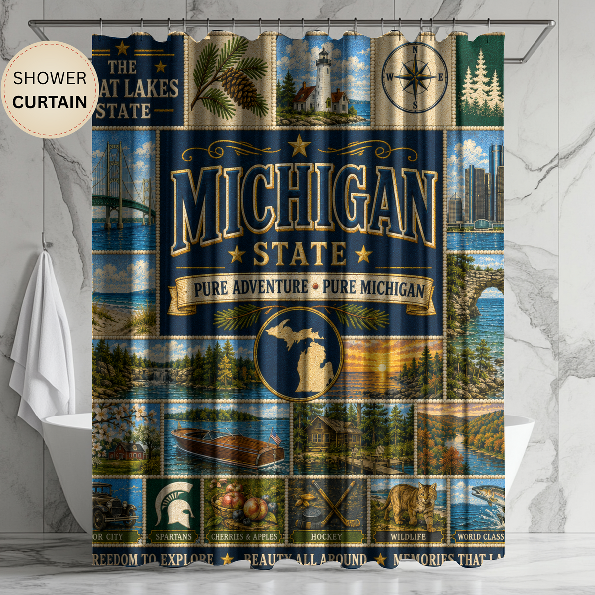 Michigan Shower Curtain, Great Lakes State Decor, Scenic Lake Life Faux Patchwork, Michigan Landmark Bathroom Decor