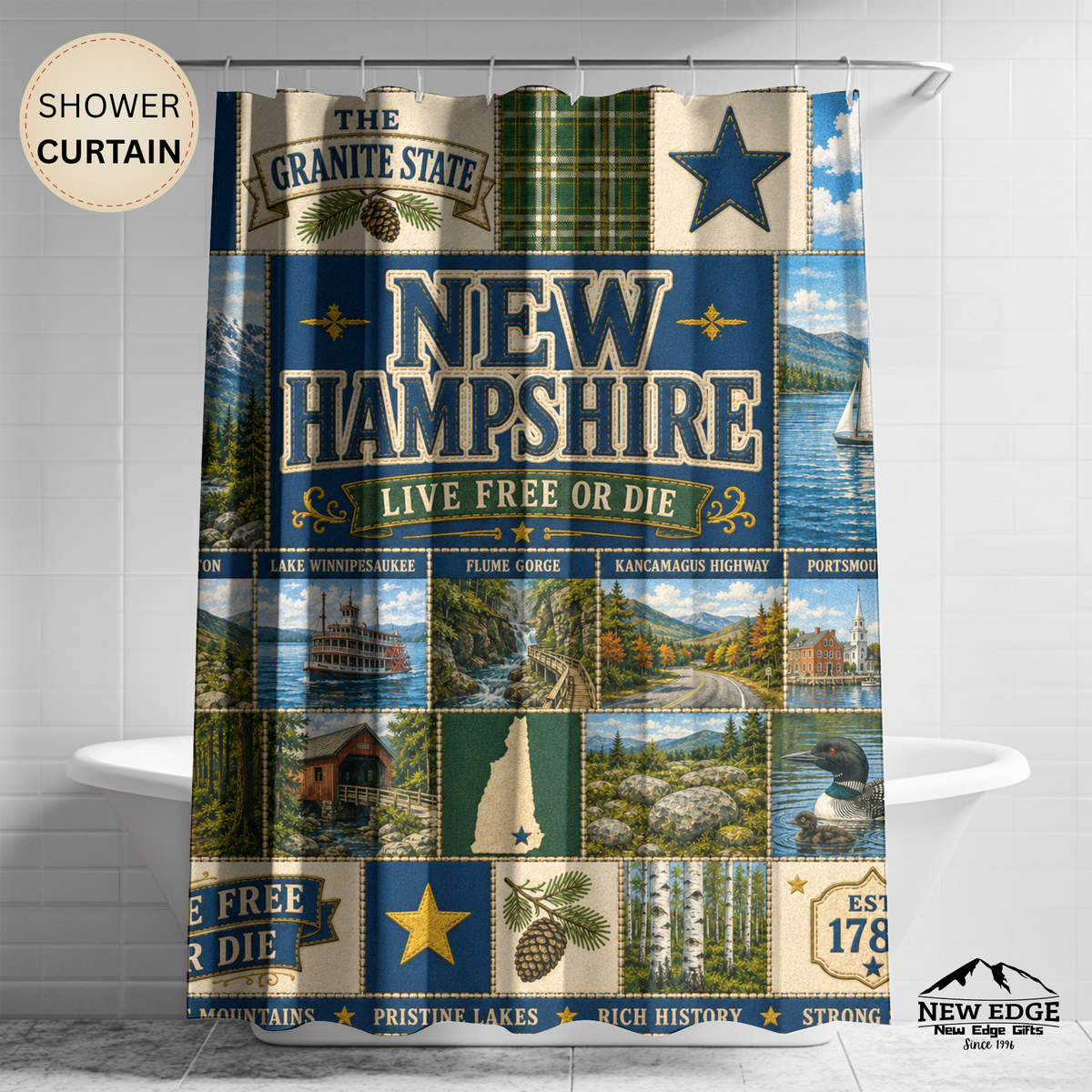 New Hampshire Shower Curtain Live Free or Die Faux Patchwork Granite State Mountain Lake Rustic Americana Bathroom Decor