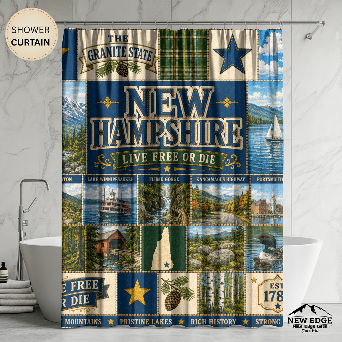 New Hampshire Shower Curtain Live Free or Die Faux Patchwork Granite State Mountain Lake Rustic Americana Bathroom Decor