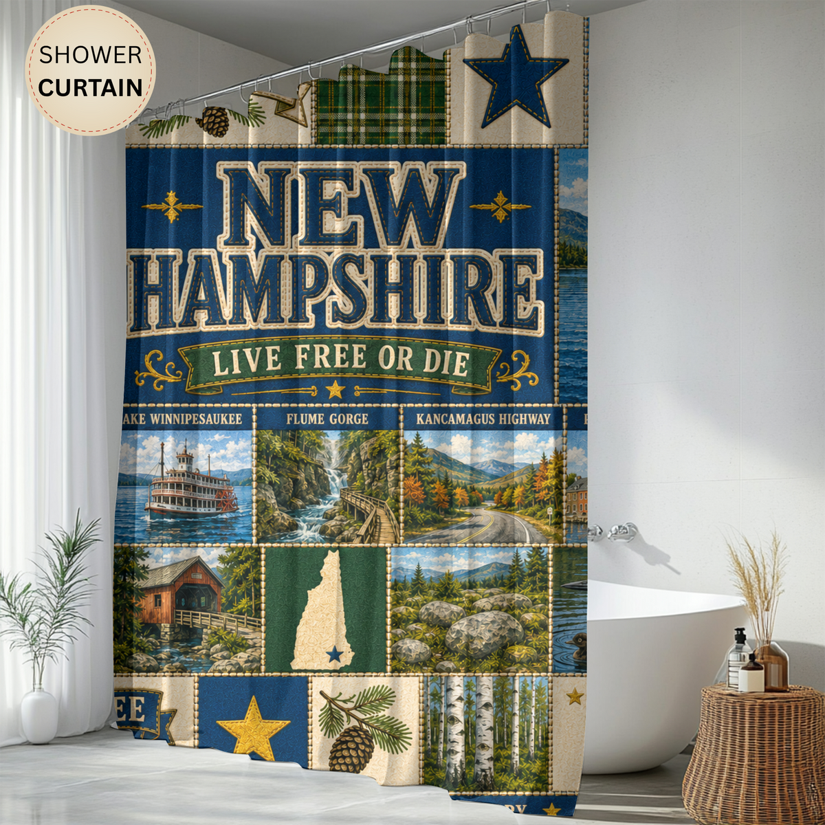 New Hampshire Shower Curtain Live Free or Die Faux Patchwork Granite State Mountain Lake Rustic Americana Bathroom Decor
