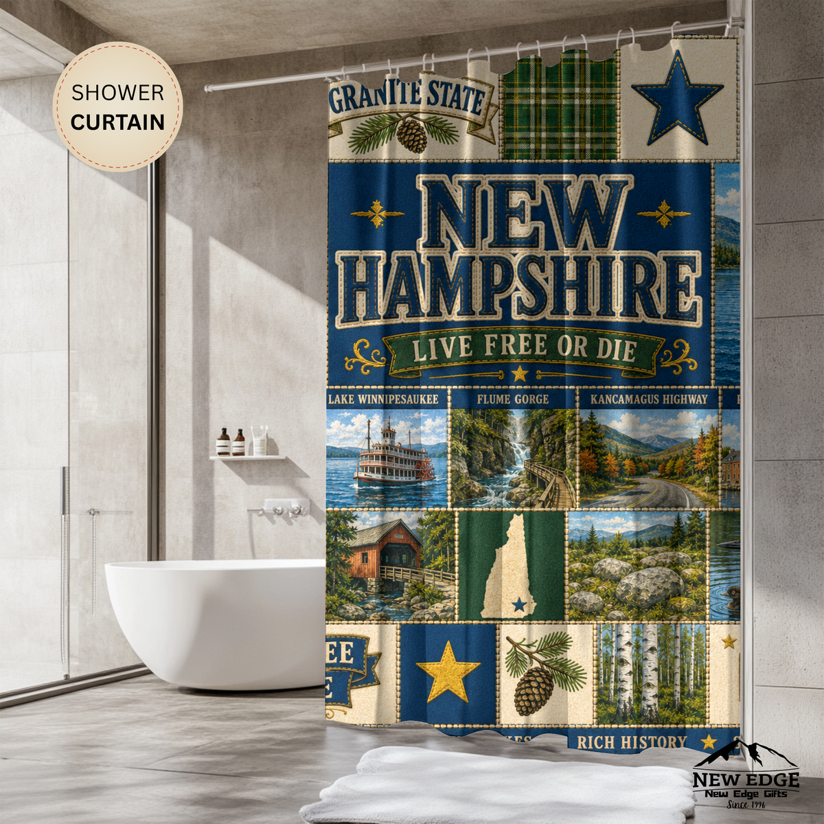 New Hampshire Shower Curtain Live Free or Die Faux Patchwork Granite State Mountain Lake Rustic Americana Bathroom Decor