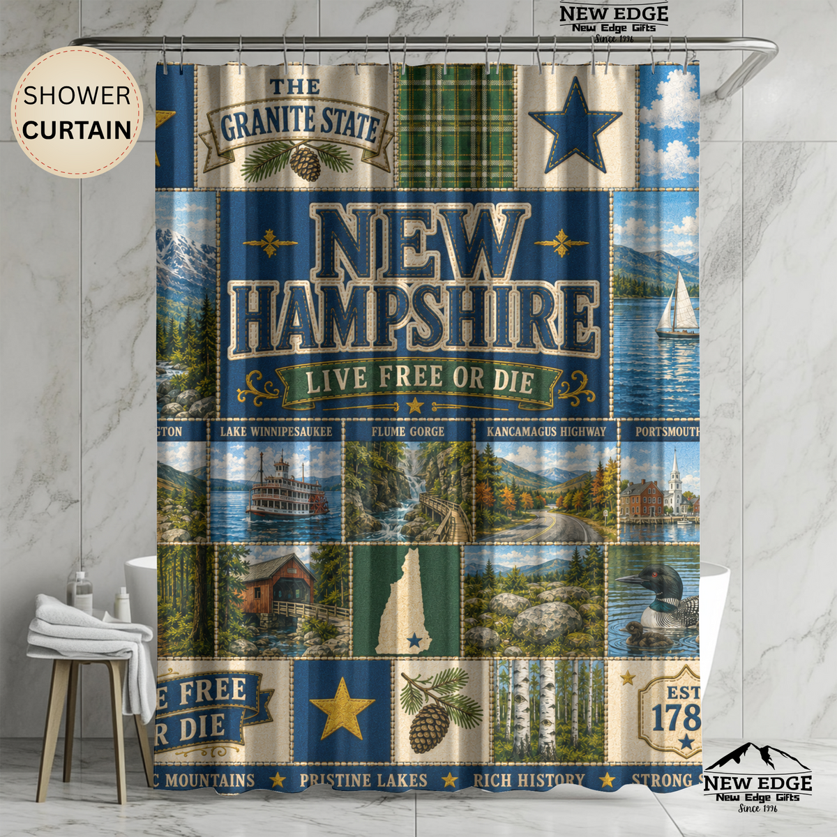 New Hampshire Shower Curtain Live Free or Die Faux Patchwork Granite State Mountain Lake Rustic Americana Bathroom Decor