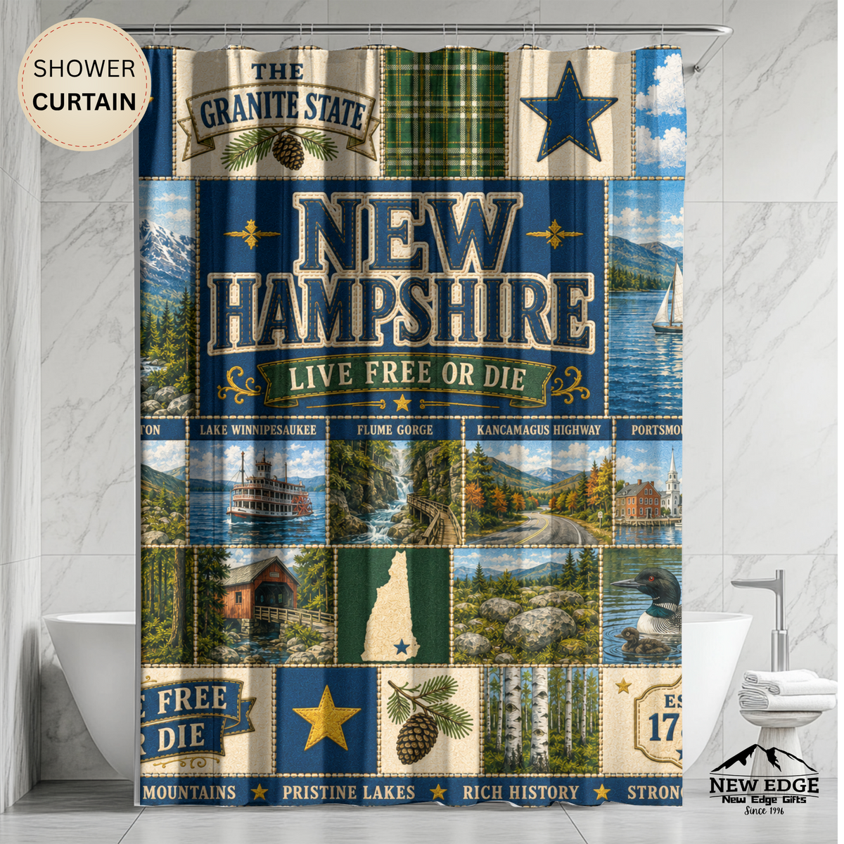New Hampshire Shower Curtain Live Free or Die Faux Patchwork Granite State Mountain Lake Rustic Americana Bathroom Decor