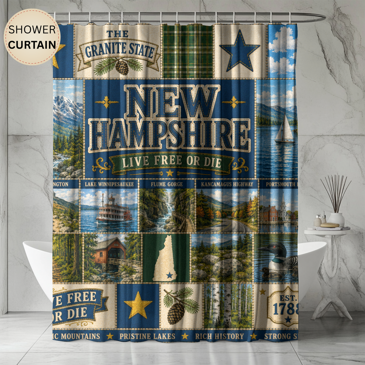 New Hampshire Shower Curtain Live Free or Die Faux Patchwork Granite State Mountain Lake Rustic Americana Bathroom Decor