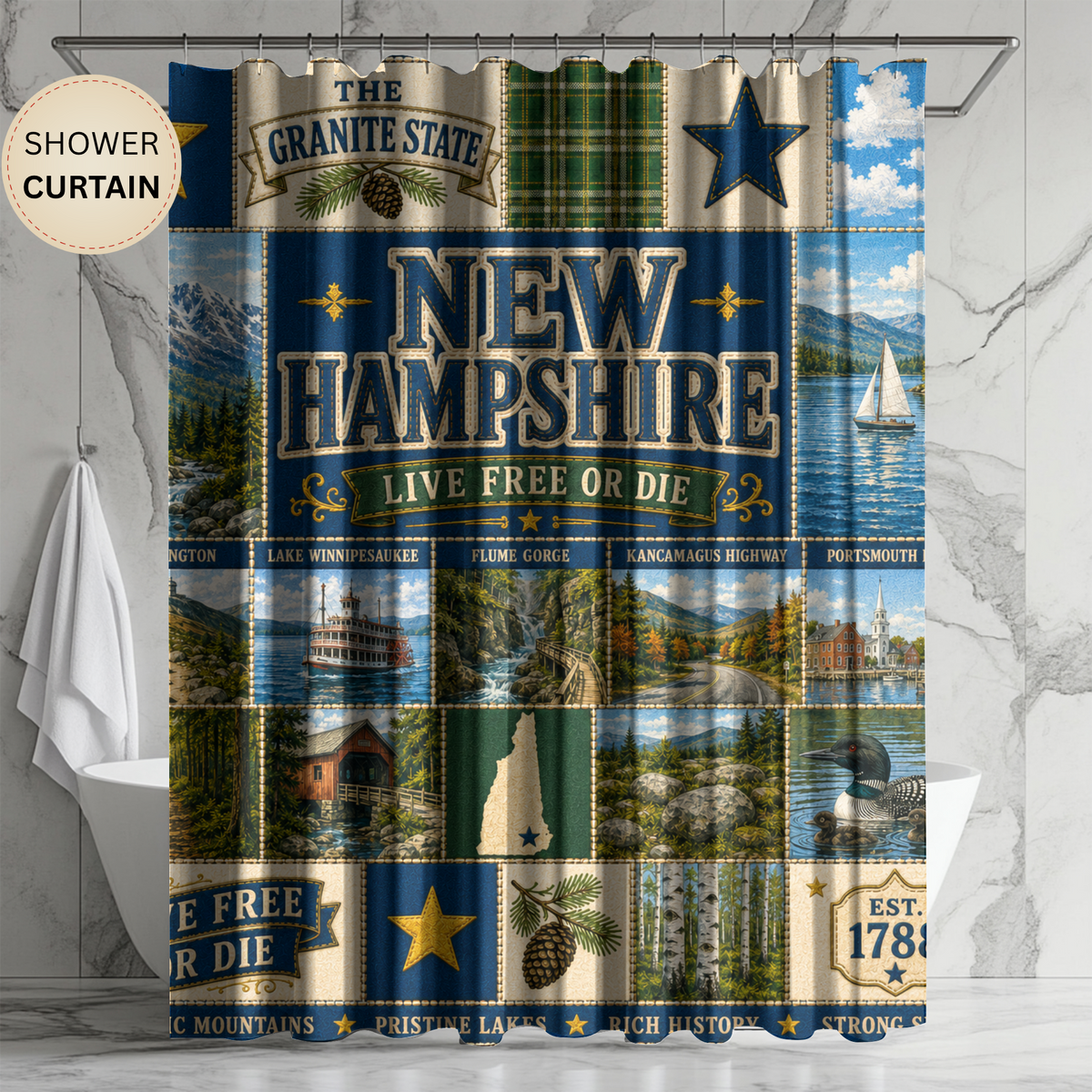 New Hampshire Shower Curtain Live Free or Die Faux Patchwork Granite State Mountain Lake Rustic Americana Bathroom Decor