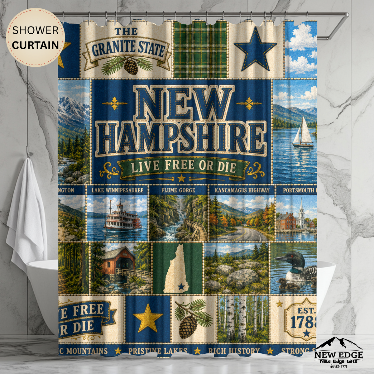 New Hampshire Shower Curtain Live Free or Die Faux Patchwork Granite State Mountain Lake Rustic Americana Bathroom Decor