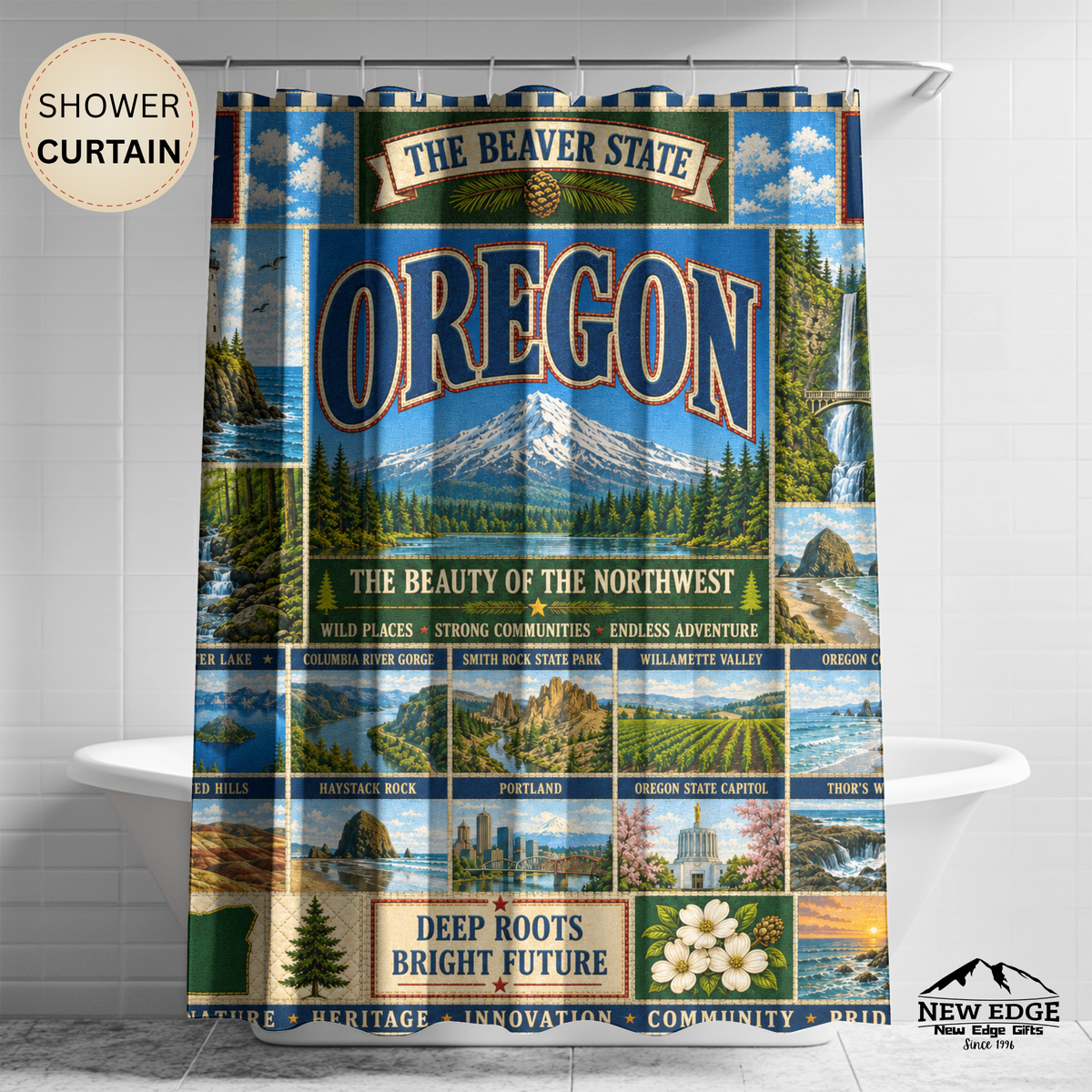 Oregon Shower Curtain Beaver State Faux Patchwork Pacific Northwest Mountains Coast Scenic Landmarks Rustic Bathroom Decor