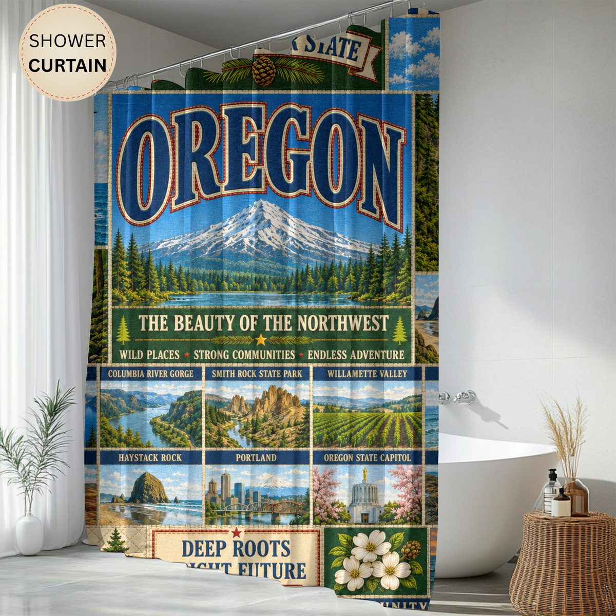 Oregon Shower Curtain Beaver State Faux Patchwork Pacific Northwest Mountains Coast Scenic Landmarks Rustic Bathroom Decor