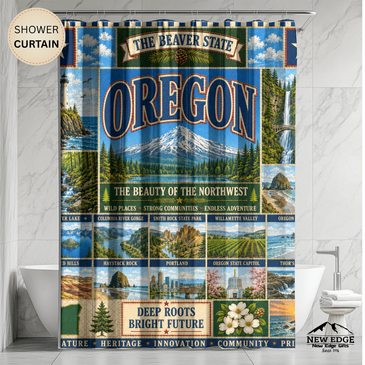 Oregon Shower Curtain Beaver State Faux Patchwork Pacific Northwest Mountains Coast Scenic Landmarks Rustic Bathroom Decor