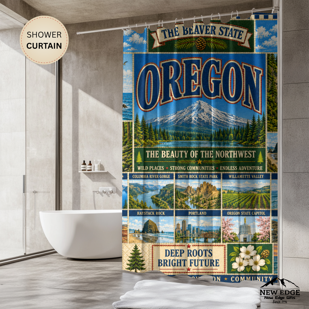 Oregon Shower Curtain Beaver State Faux Patchwork Pacific Northwest Mountains Coast Scenic Landmarks Rustic Bathroom Decor