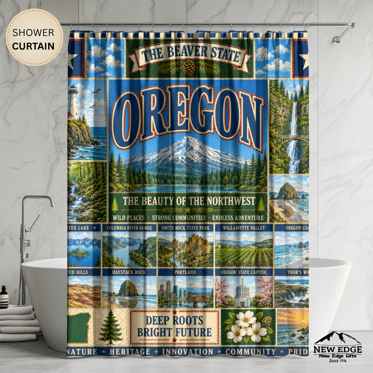 Oregon Shower Curtain Beaver State Faux Patchwork Pacific Northwest Mountains Coast Scenic Landmarks Rustic Bathroom Decor