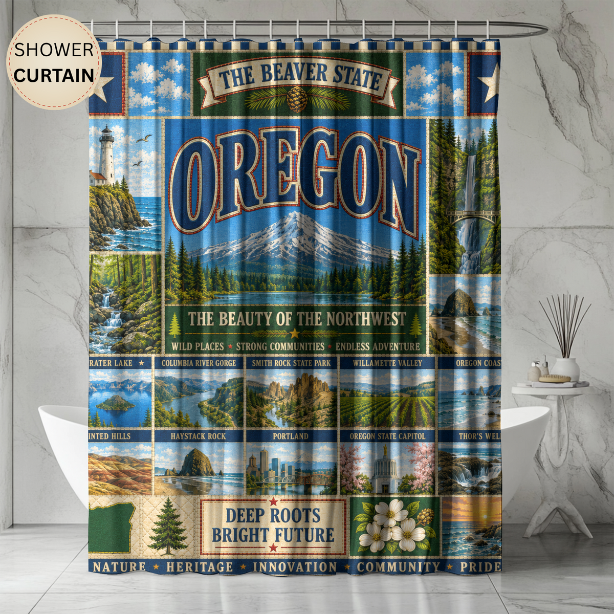 Oregon Shower Curtain Beaver State Faux Patchwork Pacific Northwest Mountains Coast Scenic Landmarks Rustic Bathroom Decor