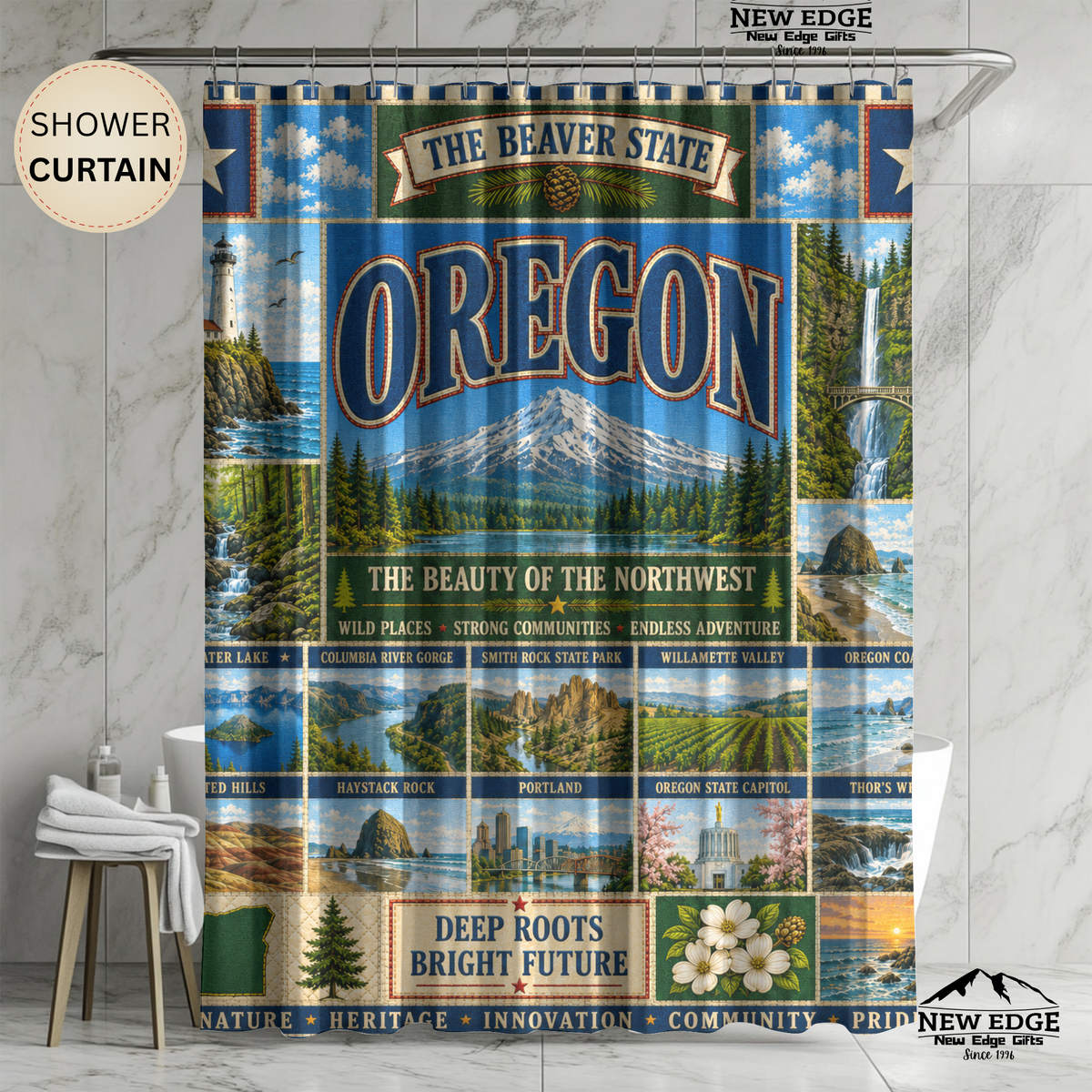 Oregon Shower Curtain Beaver State Faux Patchwork Pacific Northwest Mountains Coast Scenic Landmarks Rustic Bathroom Decor