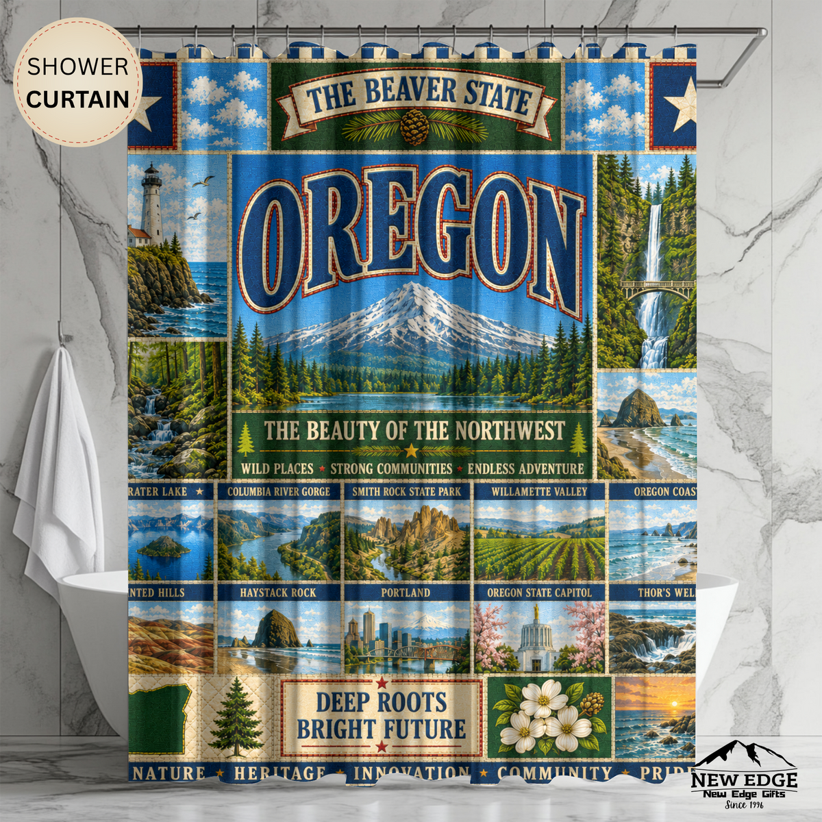 Oregon Shower Curtain Beaver State Faux Patchwork Pacific Northwest Mountains Coast Scenic Landmarks Rustic Bathroom Decor