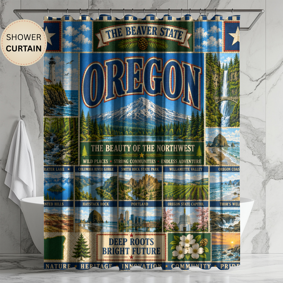 Oregon Shower Curtain Beaver State Faux Patchwork Pacific Northwest Mountains Coast Scenic Landmarks Rustic Bathroom Decor