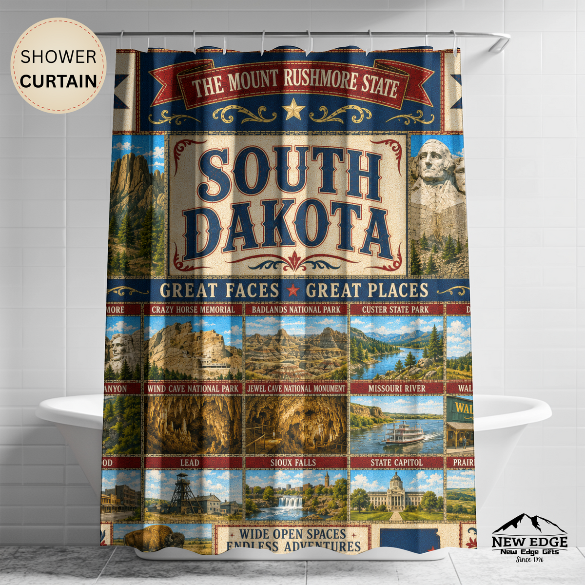 South Dakota Shower Curtain Great Faces Great Places Faux Patchwork Mount Rushmore Scenic Landmarks Rustic Bathroom Decor