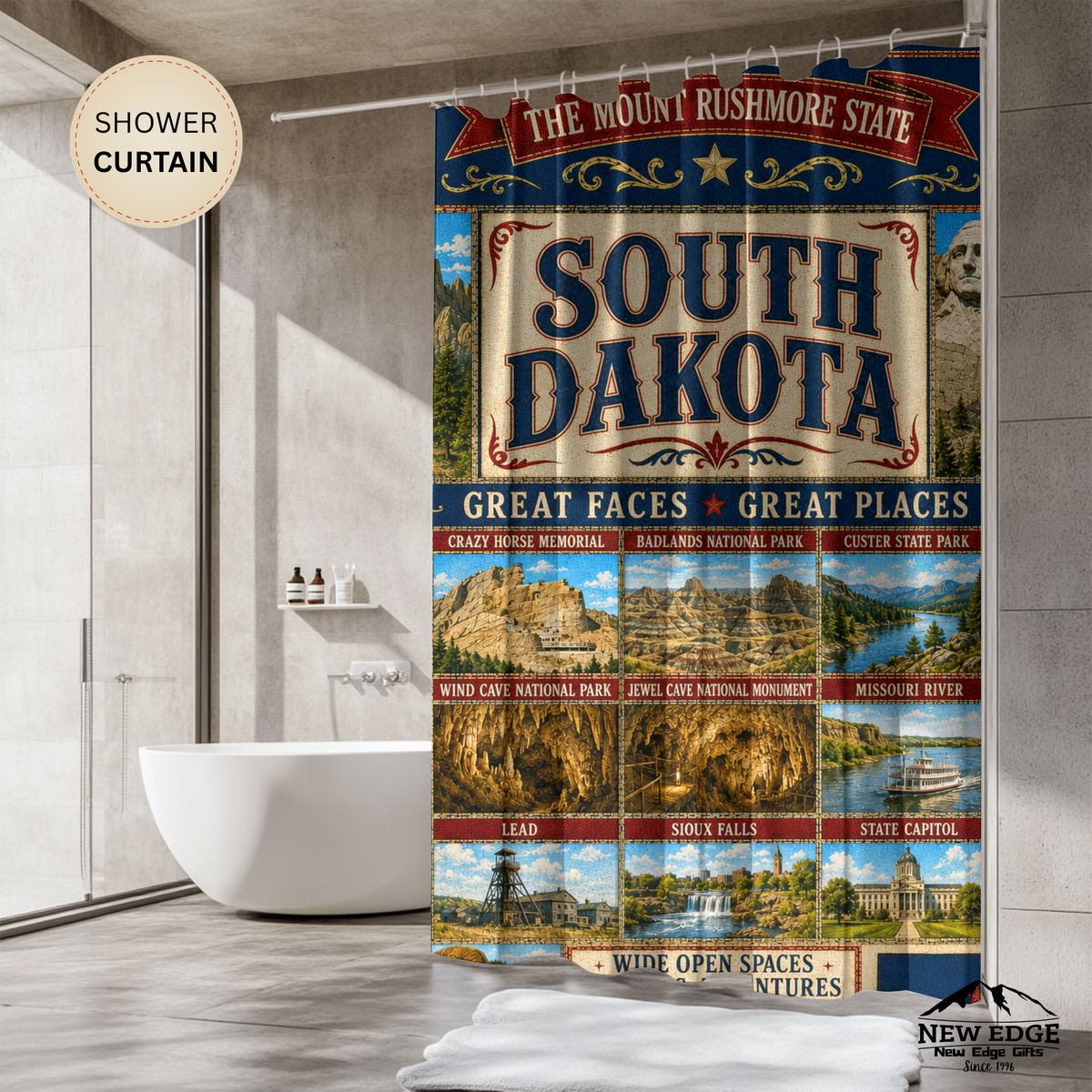 South Dakota Shower Curtain Great Faces Great Places Faux Patchwork Mount Rushmore Scenic Landmarks Rustic Bathroom Decor