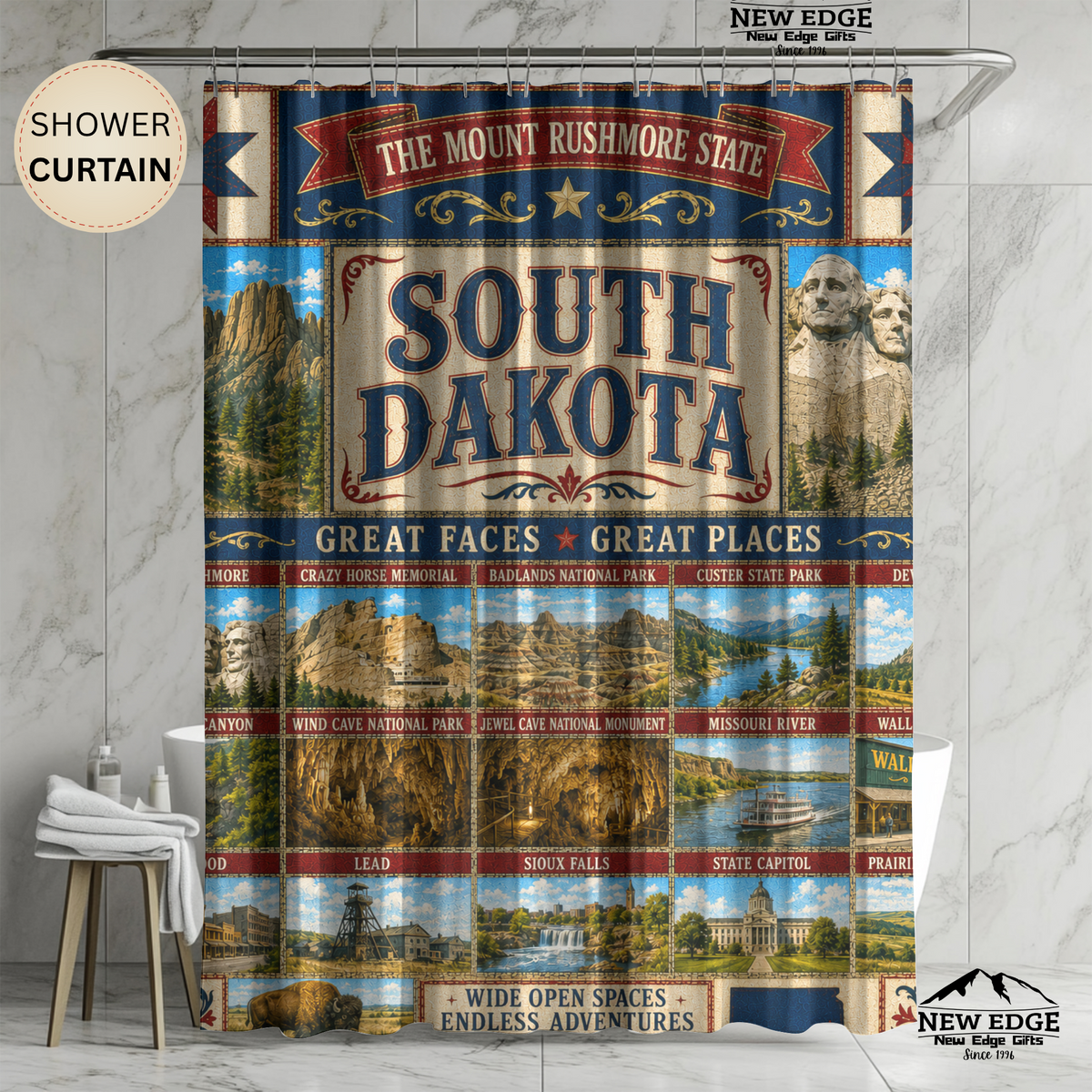 South Dakota Shower Curtain Great Faces Great Places Faux Patchwork Mount Rushmore Scenic Landmarks Rustic Bathroom Decor