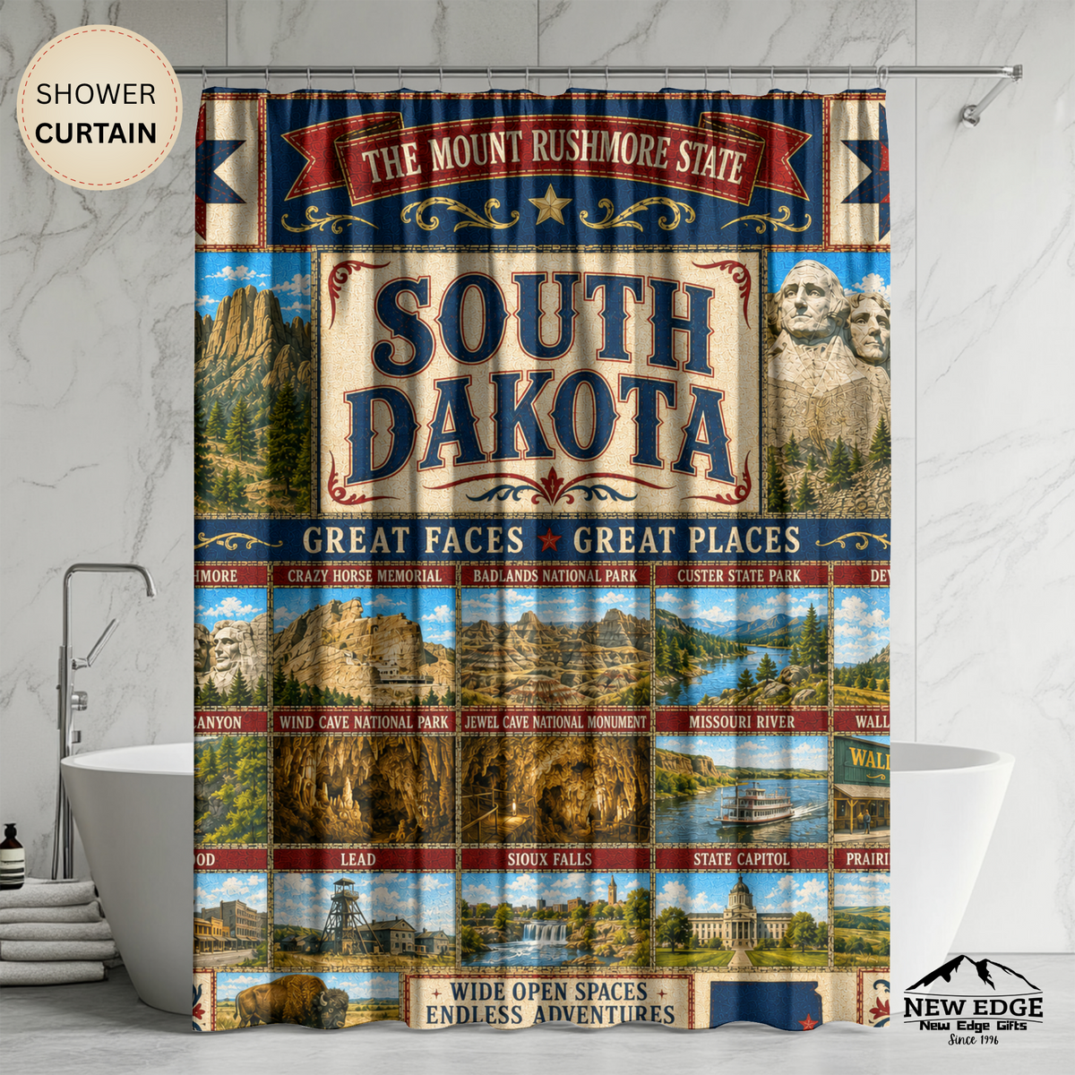 South Dakota Shower Curtain Great Faces Great Places Faux Patchwork Mount Rushmore Scenic Landmarks Rustic Bathroom Decor