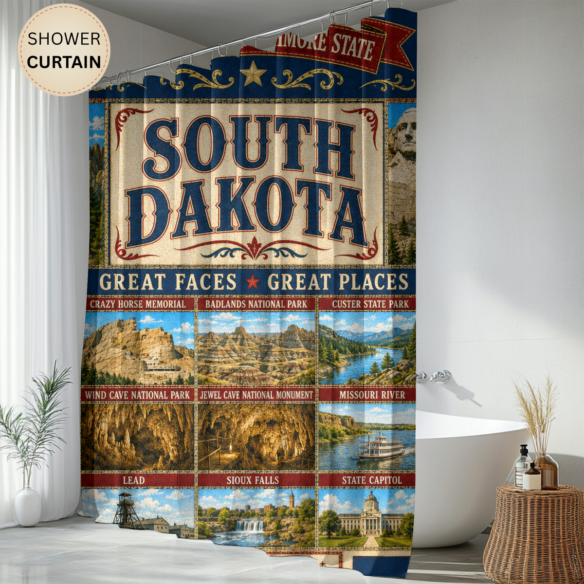 South Dakota Shower Curtain Great Faces Great Places Faux Patchwork Mount Rushmore Scenic Landmarks Rustic Bathroom Decor