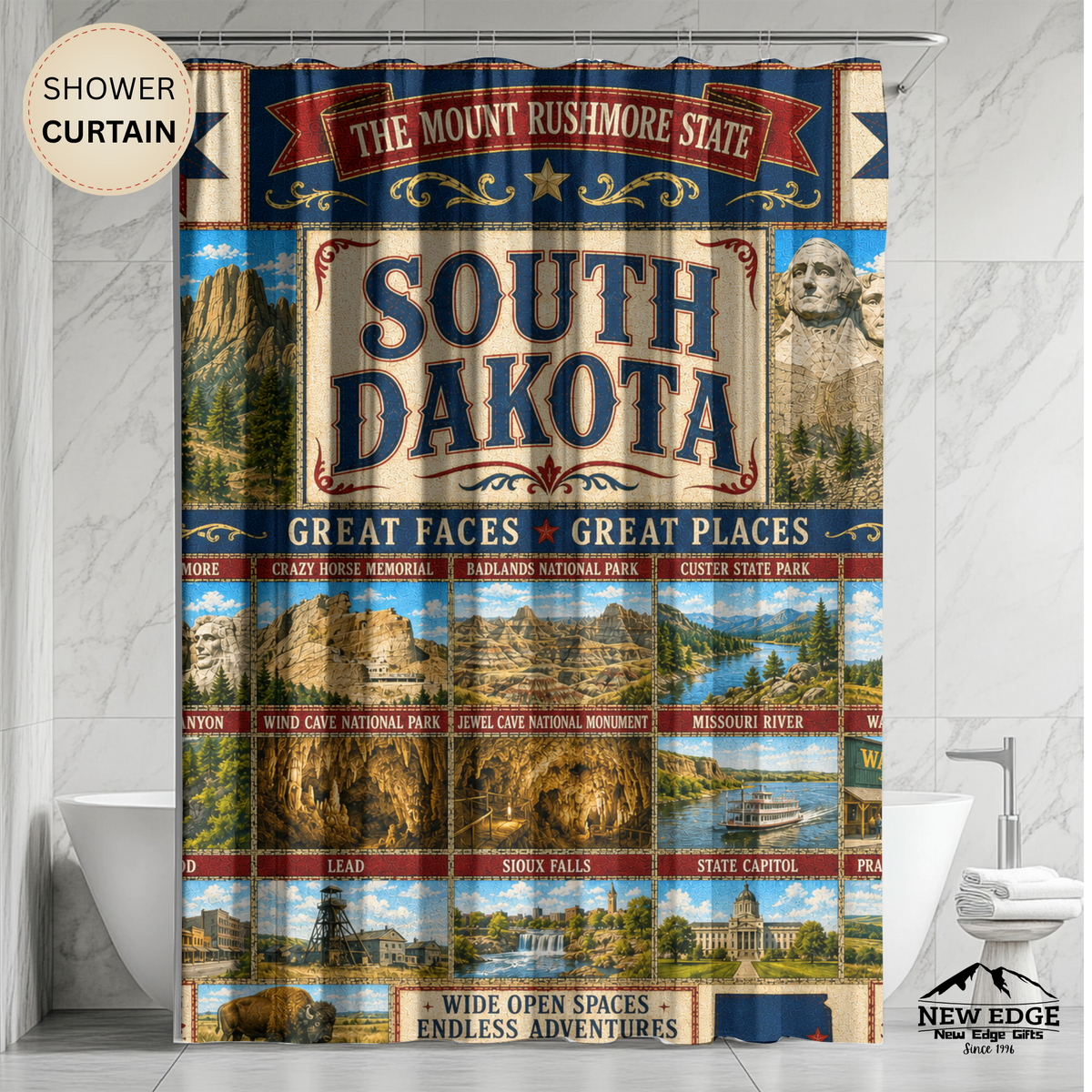 South Dakota Shower Curtain Great Faces Great Places Faux Patchwork Mount Rushmore Scenic Landmarks Rustic Bathroom Decor