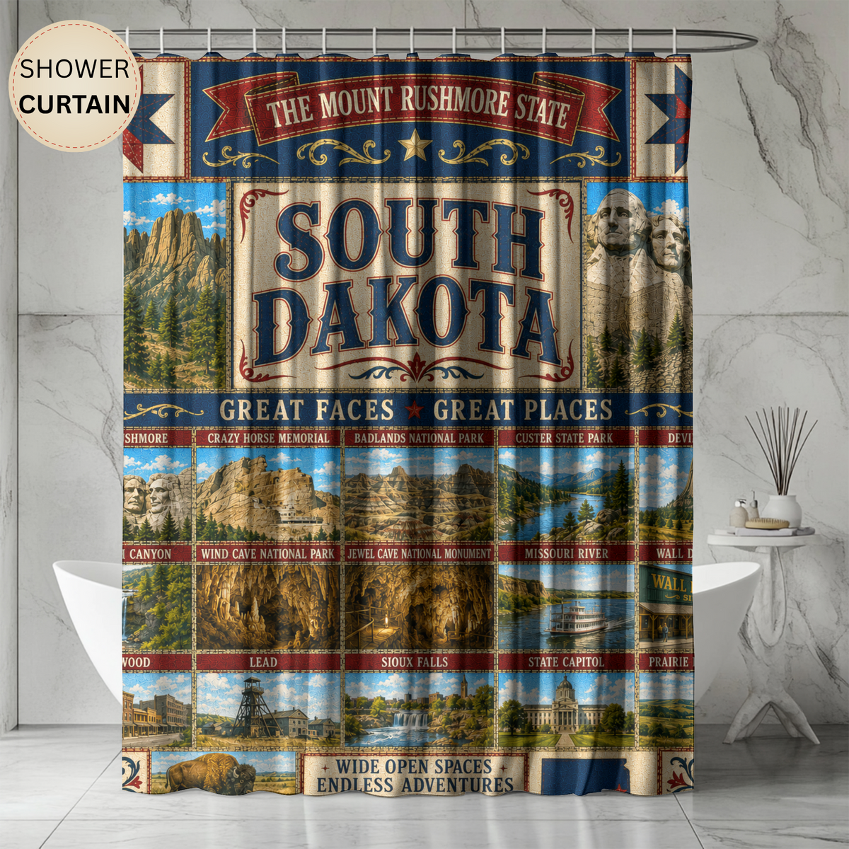 South Dakota Shower Curtain Great Faces Great Places Faux Patchwork Mount Rushmore Scenic Landmarks Rustic Bathroom Decor