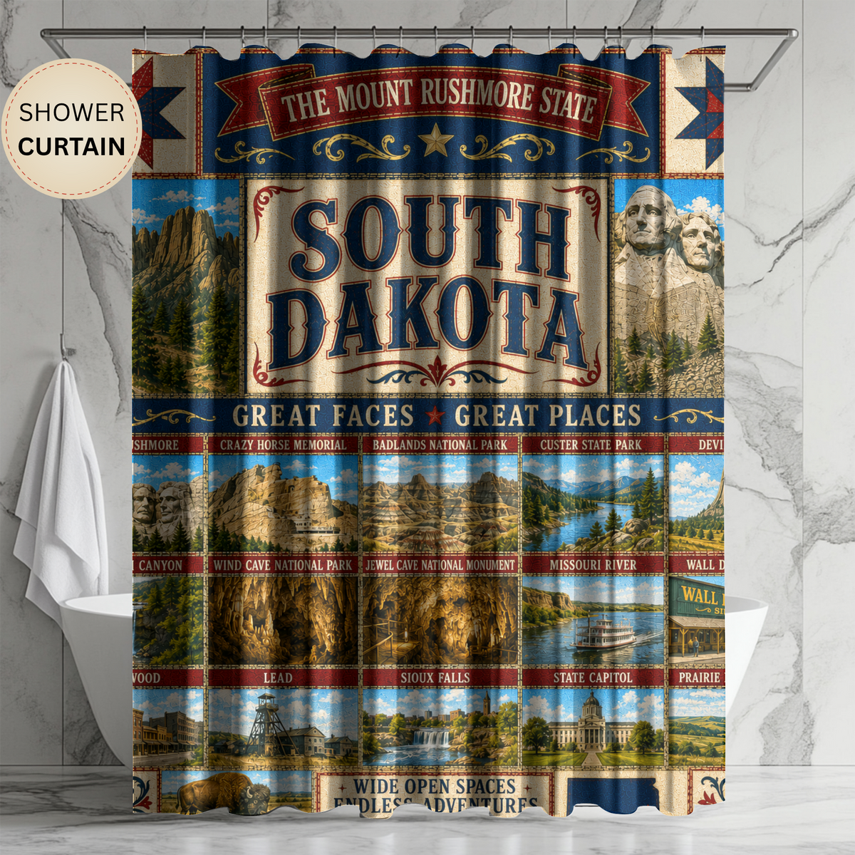 South Dakota Shower Curtain Great Faces Great Places Faux Patchwork Mount Rushmore Scenic Landmarks Rustic Bathroom Decor