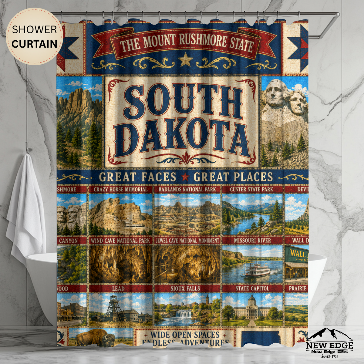 South Dakota Shower Curtain Great Faces Great Places Faux Patchwork Mount Rushmore Scenic Landmarks Rustic Bathroom Decor