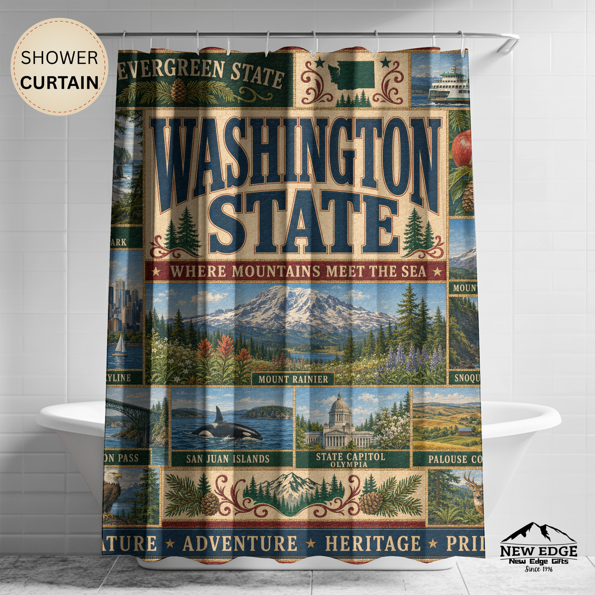 Washington State Shower Curtain Evergreen State Faux Patchwork Pacific Northwest Scenic Landmarks Rustic Bathroom Decor